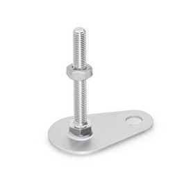 GN 45 Stellfüße, Edelstahl 1.4404 (A4), mit Befestigungslasche, Tropfenform Form (Fußteller): D0 - ohne Gummiauflage<br />Spindelvariante: SK - mit Mutter, Außensechskant unten