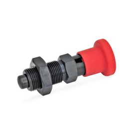 GN 817 Rastbolzen, Stahl, mit rotem Knopf Form: CK - mit Rastsperre, mit Kontermutter<br />Farbe: RT - rot, RAL 3000, matt