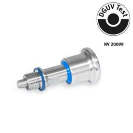 GN 8170 Rastbolzen, Edelstahl, DGUV-zertifiziert, Knopfseite in Hygienic Design (Fronthygiene) Form: B - ohne Rastsperre<br />Kennzeichen: FH - Knopfseite in Hygienic Design (Fronthygiene)
