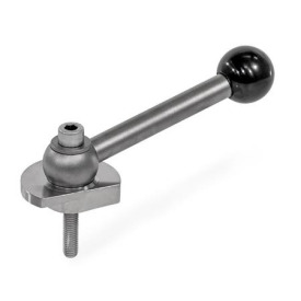 GN 918.7 Spannriegel, Edelstahl, Spannung nach unten, Schraube von der Bedienseite Form: KVS - mit Kugelgriff, schräg (Kerbverzahnung)<br />Spannrichtung: L - durch Linksdrehung