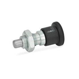 GN 816 Verriegelungsbolzen, Raststift vorstehend Form: AK - mit Knopfbetätigung, Abdeckhülse schwarz, mit Kontermutter