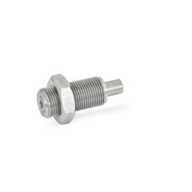 GN 313 Federbolzen, Edelstahl / Kunststoff-Knopf Werkstoff: NI - Edelstahl<br />Form: DK - mit Kontermutter, ohne Knopf<br />Kennziffer: 2 - Bolzen mit Innengewinde