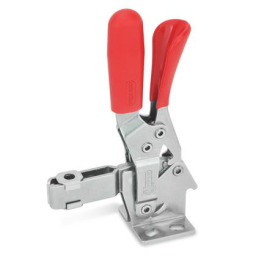 GN 810.3 Schnellspanner, Edelstahl, Spannhebel vertikal, mit Verriegelung, mit waagrechtem Fuß Werkstoff: NI - Edelstahl<br />Form: AL - offener Spannarm, mit 2 Flankenscheiben