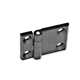 GN 237 Scharniere, Zink-Druckguss, horizontal verlängert Werkstoff: ZD - Zink-Druckguss<br />Form: A - 2x2 Bohrungen für Senkschrauben<br />Oberfläche: SW - schwarz, RAL 9005, strukturmatt<br />Scharnierflügel: l3 ≠ l4 - einseitig verlängert