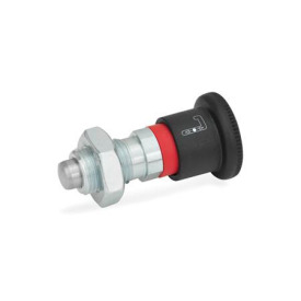 GN 816 Verriegelungsbolzen, Raststift vorstehend Form: ARK - mit Knopfbetätigung, Abdeckhülse rot, mit Kontermutter