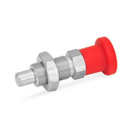 GN 817 Edelstahl-Rastbolzen mit rotem Knopf Werkstoff: NI - Edelstahl<br />Form: BK - ohne Rastsperre, mit Kontermutter<br />Farbe: RT - rot, RAL 3000, matt