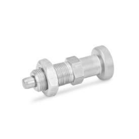 GN 617 Edelstahl-Rastbolzen Werkstoff: NI - Edelstahl<br />Form: AKN - mit Kontermutter, mit Edelstahl-Knopf