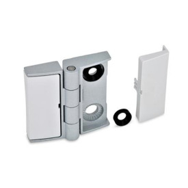 GN 238 Scharniere, Zink-Druckguss, justierbar, mit Abdeckung Form: BJ - beidseitig justierbar<br />Farbe: SR - silber, RAL 9006, strukturmatt