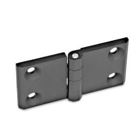 GN 237 Scharniere, Zink-Druckguss, horizontal verlängert Werkstoff: ZD - Zink-Druckguss<br />Form: A - 2x2 Bohrungen für Senkschrauben<br />Oberfläche: SW - schwarz, RAL 9005, strukturmatt<br />Scharnierflügel: l3 = l4 - beidseitig verlängert