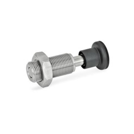 GN 313 Federbolzen, Edelstahl / Kunststoff-Knopf Werkstoff: NI - Edelstahl<br />Form: AK - mit Knopf, mit Kontermutter<br />Kennziffer: 1 - Bolzen ohne Innengewinde