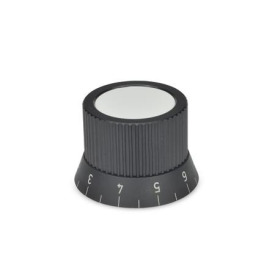 GN 726.2 Drehknöpfe, Aluminium, schwarz eloxiert Form: S - mit Skala 0...9, 20 Teilstriche<br />Kennziffer: 2 - mit Spannzange