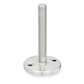 GN 24 Stellfüße, Edelstahl 1.4404 (A4), mit Befestigungsbohrungen, Fußteller gedreht Form (Fußteller): D1 - feingedreht, mit Gummiauflage, eingelegt, schwarz<br />Spindelvariante: T - ohne Mutter, Schlüsselfläche unten