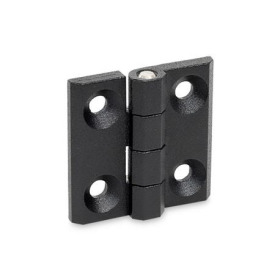 GN 237 Scharniere, Zink-Druckguss / Aluminium Werkstoff: ZD - Zink-Druckguss<br />Form: A - 2x2 Bohrungen für Senkschrauben<br />Oberfläche: SW - schwarz, RAL 9005, strukturmatt
