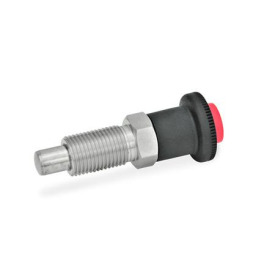 GN 414 Edelstahl-Rastbolzen mit Entriegelungssperre, Entriegelung über Druckknopf Werkstoff: NI - Edelstahl<br />Form: A - ohne Kontermutter