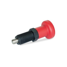 GN 617.2 Rastbolzen, Führung Kunststoff, Raststift Edelstahl, mit rotem Knopf Form: B - ohne Rastsperre, ohne Kontermutter<br />Werkstoff: NI - Edelstahl