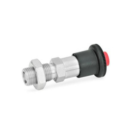 GN 414.1 Edelstahl-Rastbolzen, mit Klick-Rastsperre, Entsperren über Druckknopf Werkstoff: NI - Edelstahl<br />Form: AK - mit Kontermutter
