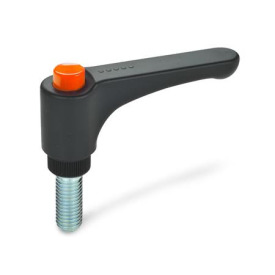 GN 600 Flache verstellbare Klemmhebel mit Ausrastknopf, Kunststoff, Schraube Stahl Farbe (Ausrastknopf): DOR - orange, RAL 2004, glänzend